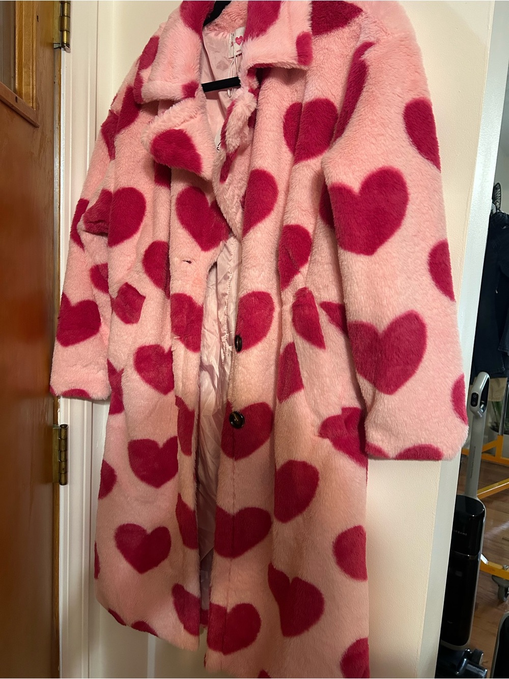 Buddy Love Pink Faux Fur Coat with Dark Pink Heart Print